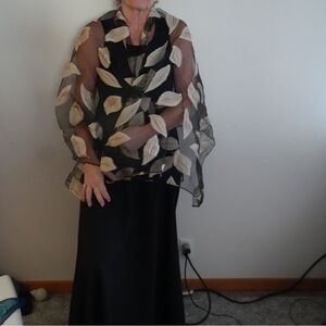 Elegant Black Dress with Sheer Leaf Shawl